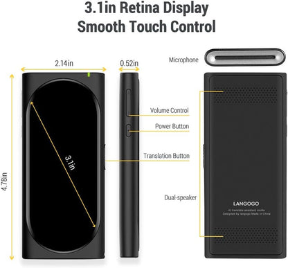 Genesis Portable Language Translator Device, 100+ Languages Pocket Translator, Real-Time Voice Translator with Offline Translation, Built-In Data, 3.1Inch Retina Display Traductor, Black